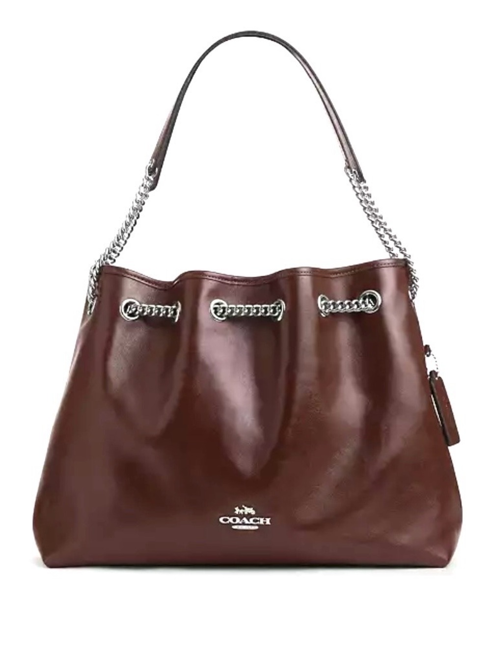 Coach Brown Leather Shoulder Tote with Silver Chain Detail